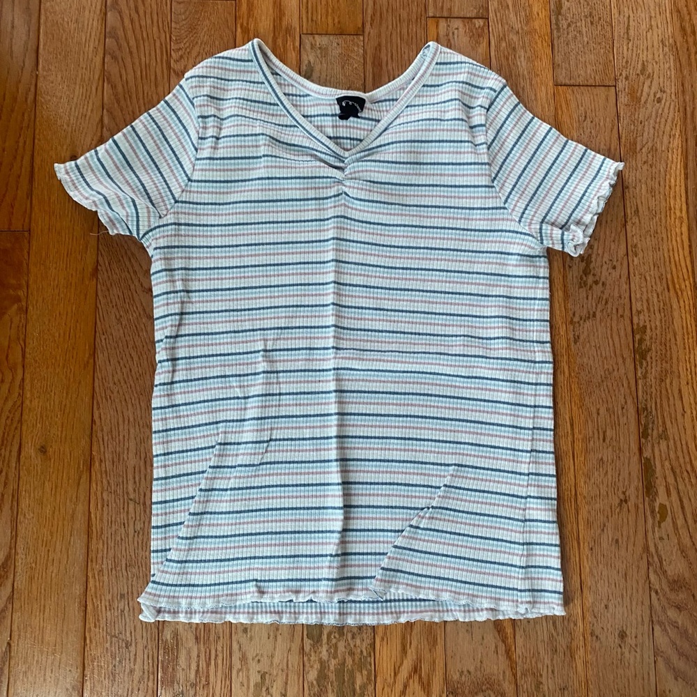 blue pink white cream striped lettuce trim baby tee